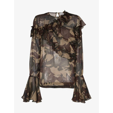 Bella camouflage print silk ruffle blouse
