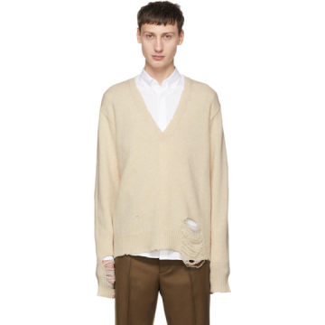Off-White Wool Distressed V-Neck Sweater