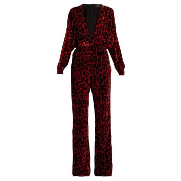 Leopard-print wide-leg velvet jumpsuit