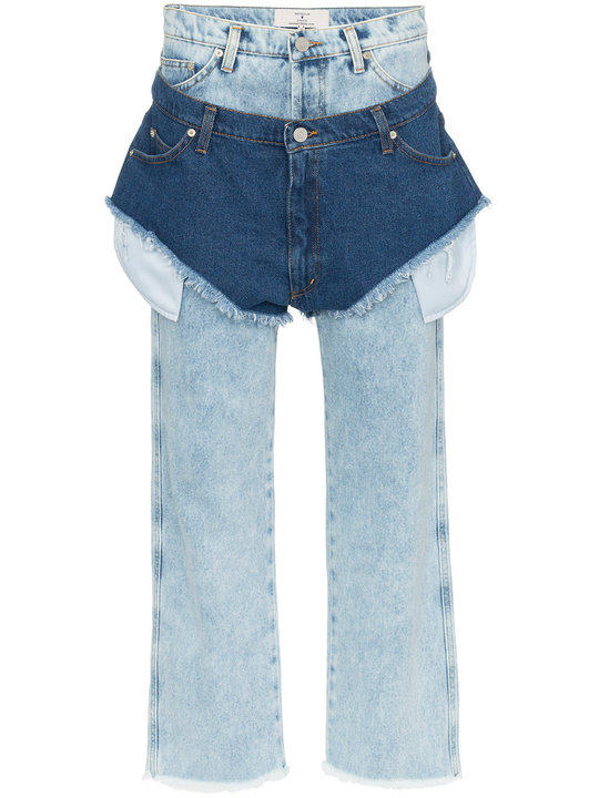 high waisted jeans with a denim shorts layer展示图