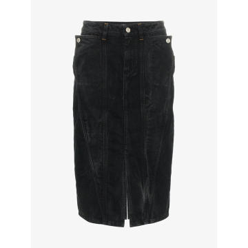 high waist panelled knee length denim skirt