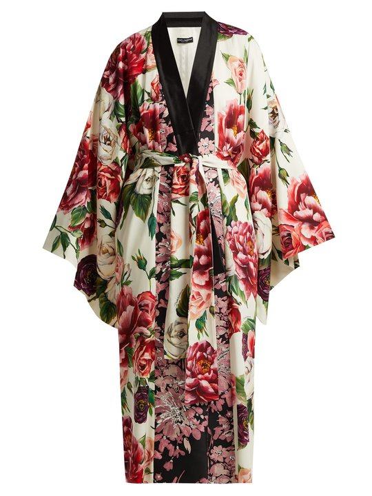 Peony and rose-print charmeuse kimono coat展示图