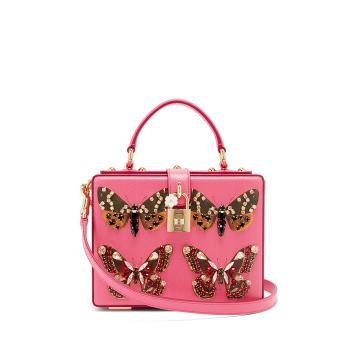 Crystal and butterfly-print leather box bag