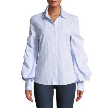 Striped Button-Down Top with Puff Sleeves