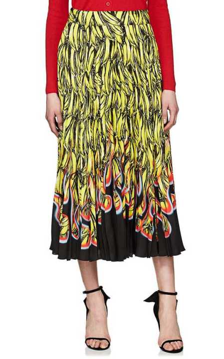 Pleated Banana- & Flame-Print Satin Skirt展示图