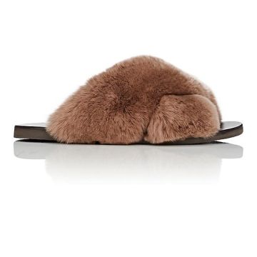 Rabbit Fur Crisscross-Strap Slide Sandals
