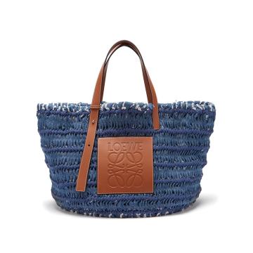 Leather-trimmed woven denim tote bag
