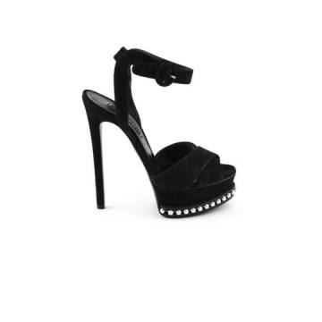 Black Suede Leather Embellished Platform Sandals.