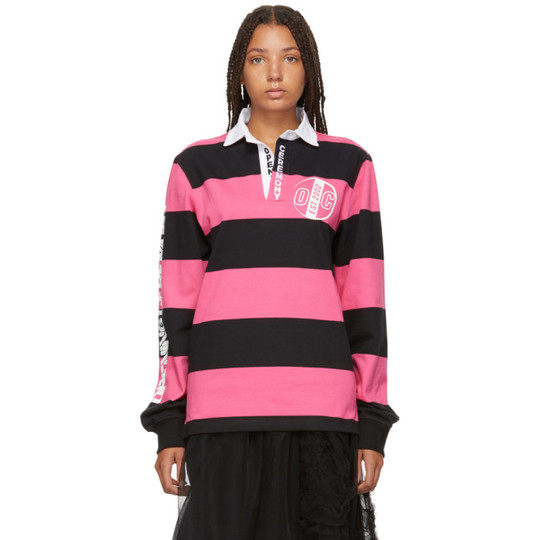 Pink & Black Striped Rugby Long Sleeve Polo展示图