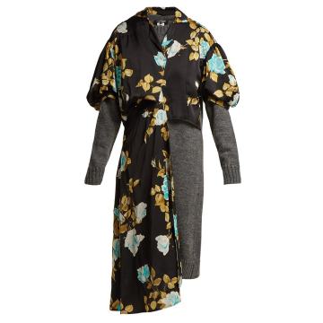 Floral-print satin and wool dress