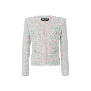Collarless Multicolored Tweed Jacket