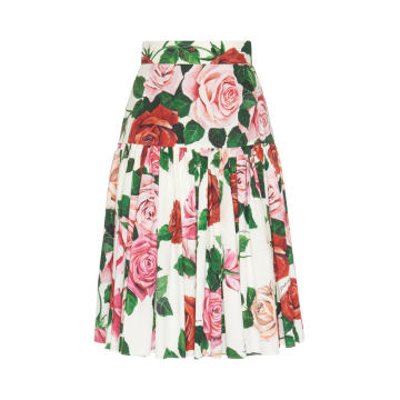 Ruffled Drop-Waist Floral Cotton-Poplin Midi Skirt
