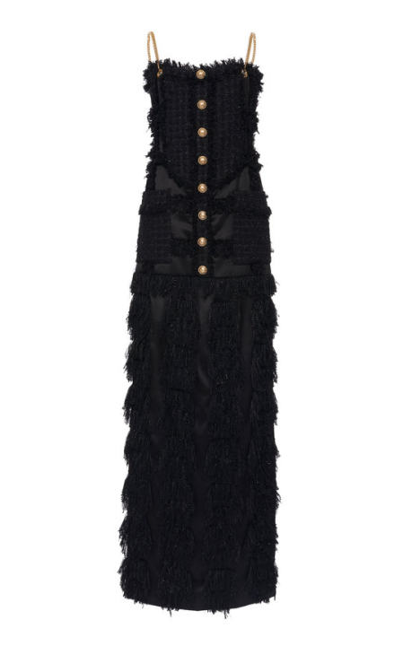 Fringed Tweed Velvet Maxi Dress展示图