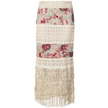 fringed embroidered pencil skirt