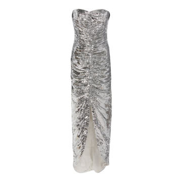 Ruched Strapless Sequined Midi Dress