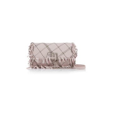 Leather-Trimmed Fringed Woven Clutch