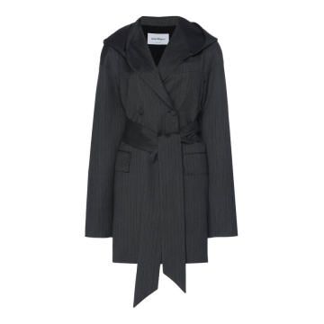 Wool Pinstriped Tailored Hooded Jacket
