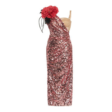 Floral-Embellished One-Shoulder Sequined Dress