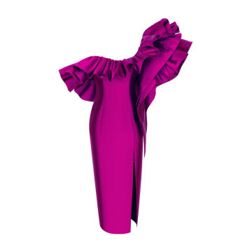 Ruffled One-Shoulder Silk Satin Gown