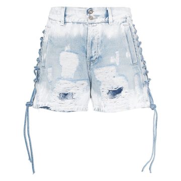 lace-up distressed denim shorts