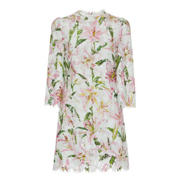 Lace-Trimmed Floral-Jacquard Mini Dress
