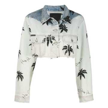 Paradise print cropped denim jacket