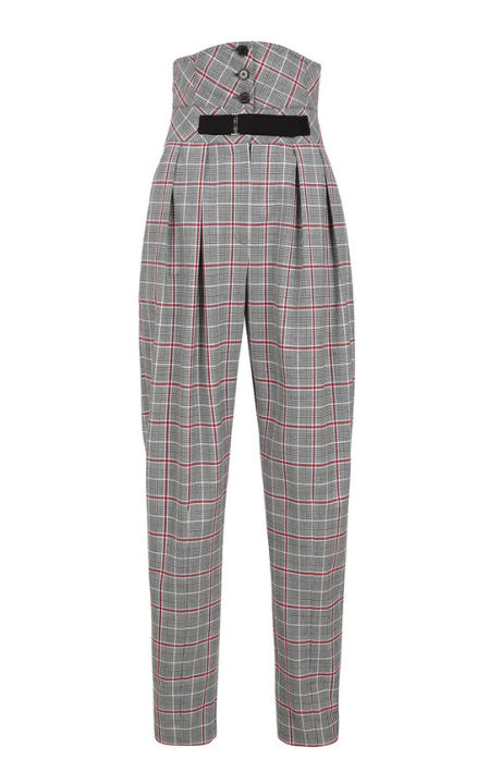 High-Waisted Buttoned Checked Pants展示图