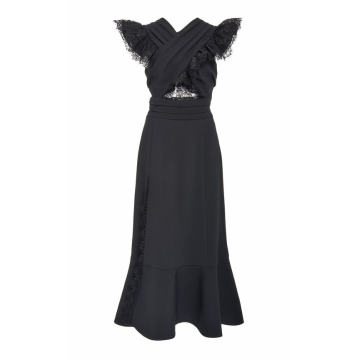 Ruffled Lace-Trimmed Crepe Dress