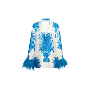 Feather-Trimmed Delft-Print Silk Top