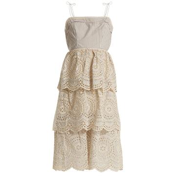 Meridian striped broderie-anglaise cotton dress