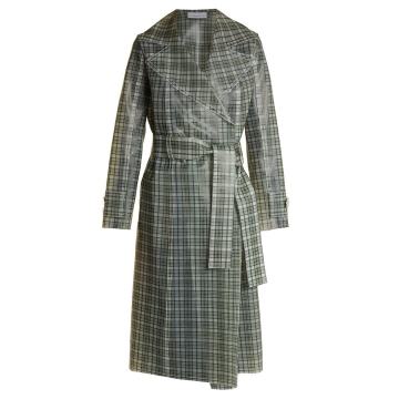 Tie-waist coated-tartan trench coat