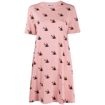 swallow print flared T-shirt dress