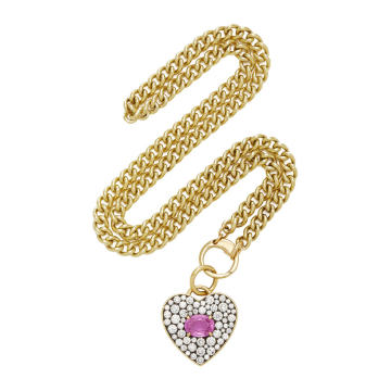 18K Yellow Gold, Pink Sapphire and Blackened Diamond Heart Necklace