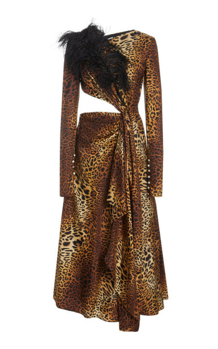 Feather Embellished Leopard-Print Midi Dress展示图