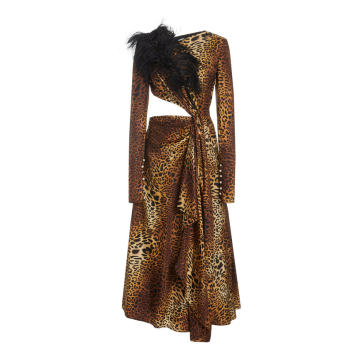 Feather Embellished Leopard-Print Midi Dress