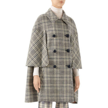 Checked Wool Cape Coat