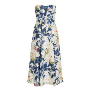 Dasha Strapless Floral-Print Linen-Blend Midi Dress