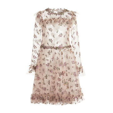 Floral-Embroidered Tulle Dress