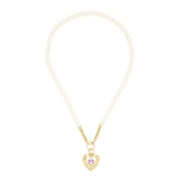 18K Yellow Gold Anniversary Small Puffed Pink Sapphire Heart Pendant on Cultured Pearl Chain