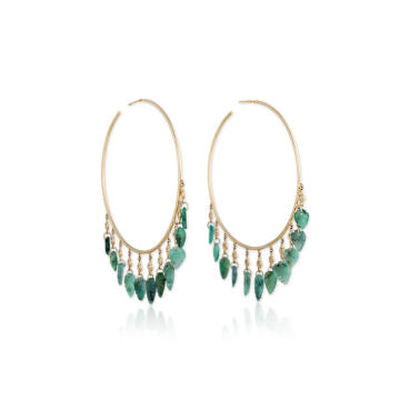 14K Yellow Gold Diamond and Emerald Leaf Shaker Hoops