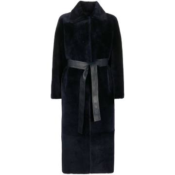 reversible belted shearling coat