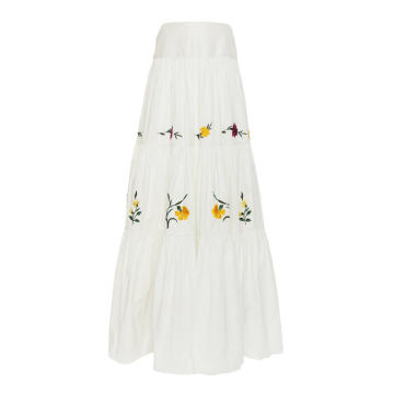 Adrina Tiered Floral-Embroidered Cotton-Silk Maxi Skirt