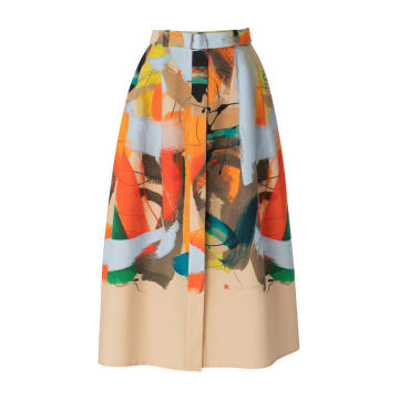 Belted Printed Cotton A-Line Midi Skirt