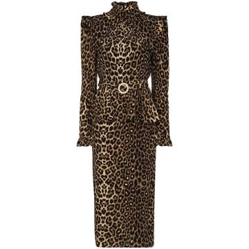 leopard print exaggerated shoulder silk midi dress