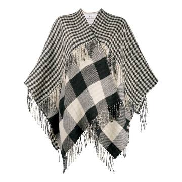 mix-check fringed shawl coat