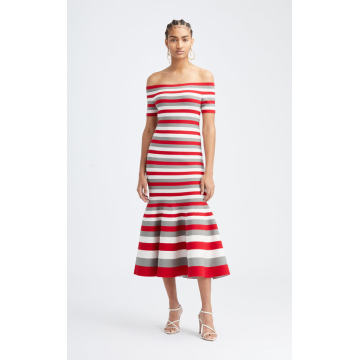 Striped Off-The-Shoulder Knit Midi Dress