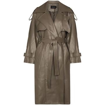 belted faux leather trench coat