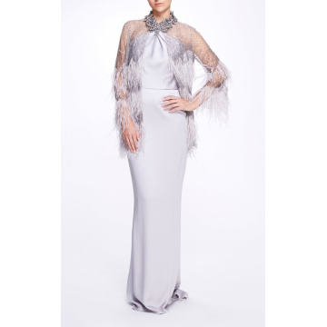 Feather-Embellished Tulle Cape