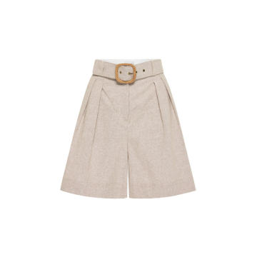 Zohra Belted Pleated Checked Cotton-Linen Shorts