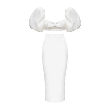 Puff-Sleeve Bow-Embellished Jacquard Top And Jacquard Midi Skirt